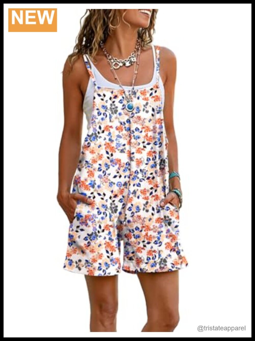 100% Cotton Floral Romper Sleeveless Spaghetti Strap Pockets Loose Fit Summer
